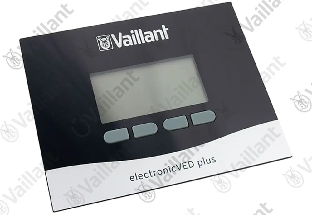 Vaillant Display mit einem grauen Hintergrund und drei Tasten in der unteren Mitte. Ein großes, rechteckiges Display ist in der Mitte platziert.
